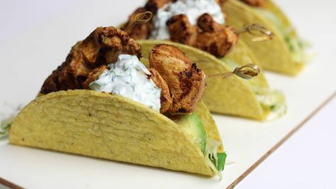 Skewered tandoori chicken tacos - NZ Herald Mexican Tacos, Taco Stuffed Shells, Lettuce Salad, Chicken Avocado, Kitchen Must Haves, Chicken Tacos, Curry Powder, Skewers, Tandoori Chicken