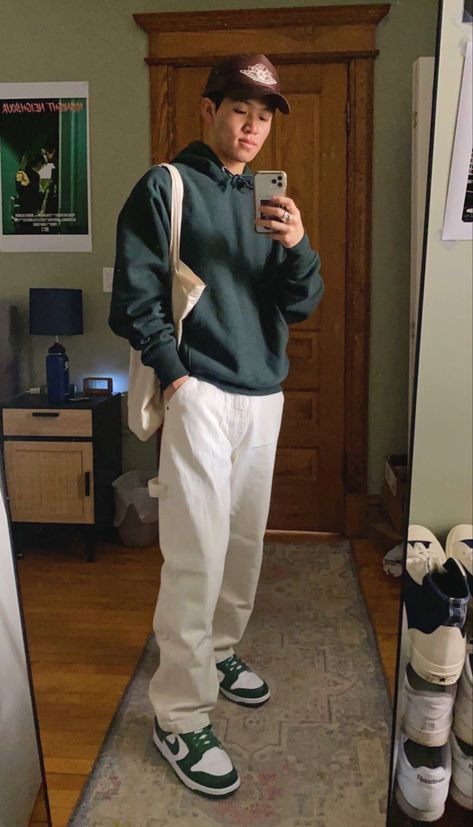 Michigan Green Dunks Outfit, Phantom Dunks Outfit, Green Shoes Men Outfit, Dunk Low Fits Men, Green Nike Dunks Outfit Men, Men’s Outfits With Dunks, Nike Dunks Outfits Men, Nike Dunk Green Outfit, Green Dunks Outfit Men