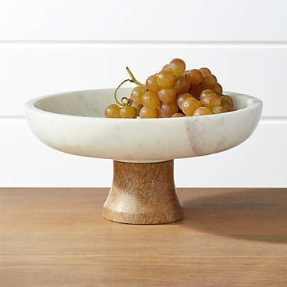 Wood Marble 2-Tier Server + Reviews | Crate and Barrel Fruit Bowl Display, Bowl Display, Fruit Displays, Island Decor, Fruit Bowls, French Kitchen, Wood And Marble, Wood Crates, Solid Mango Wood