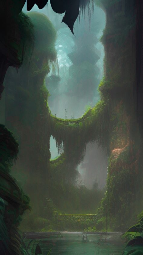 Fantasy Jungle Kingdom, Fantasy Jungle Concept Art, Jungle Fairy Aesthetic, Underground Forest Fantasy Art, Jungle City Fantasy Art, Fantasy Jungle City, Fantasy Jungle Art, Fantasy Grasslands, Jungle Fantasy Art