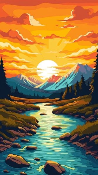 Sunset View Painting, Graffiti Mountains, Mountain River Painting, Valley Drawing, Beautiful Scenery Drawing, Mountain Sunset Landscapes, Sunset Illustration, River Sunset, Screen Savers Wallpapers