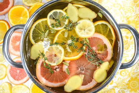 A fragrant citrus simmer pot recipe with lemon, orange, grapefruit, ginger, cardamom and thyme. This easy citrus stovetop potpourri offers a natural alternative to candles, diffusers, and artificial sprays. Recipe With Lemon, Simmer Pot Recipes, Potpourri Recipes, Citrus Recipes, Simmer Pot, Lemon Ginger, Dried Oranges, Stovetop Potpourri, Oranges And Lemons