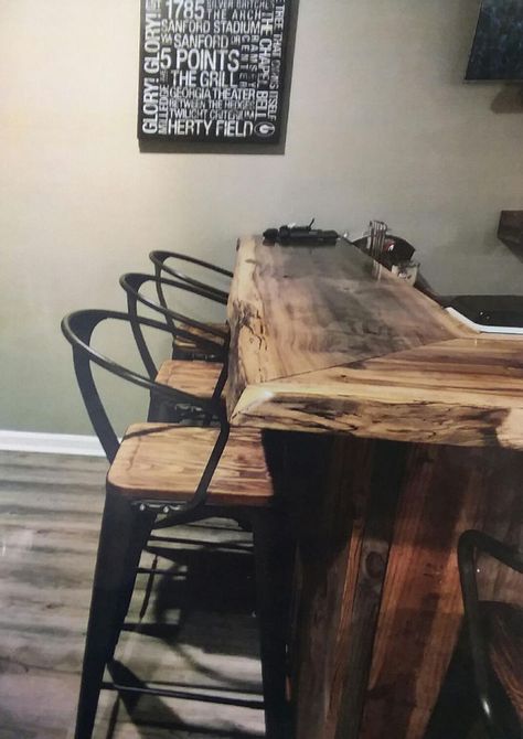 Diy Bar Top, Rustic Pub Table, Live Edge Bar Top, Rustic Basement Bar, Wood Bar Top, Live Edge Bar, Reclaimed Wood Bars, Barn House Interior, Rustic Basement