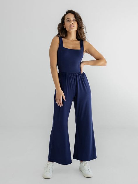 Mari Jumpsuit, Navy – IMBŌDHI Navy Jumpsuit, Space Outfit, One Piece Top, Natural Line, Effortless Beauty, Navy Fabric, Princess Seams, Princess Seam, Square Necklines