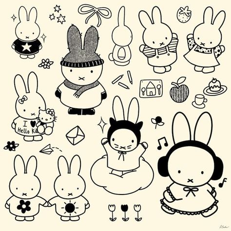 Silly Flash Tattoos, Miffy Drawing, Miffy Tattoo, Flash Sheet, Personalized Stickers, Book Art Drawings, Cute Doodles, Cute Tattoos, Flash Tattoo