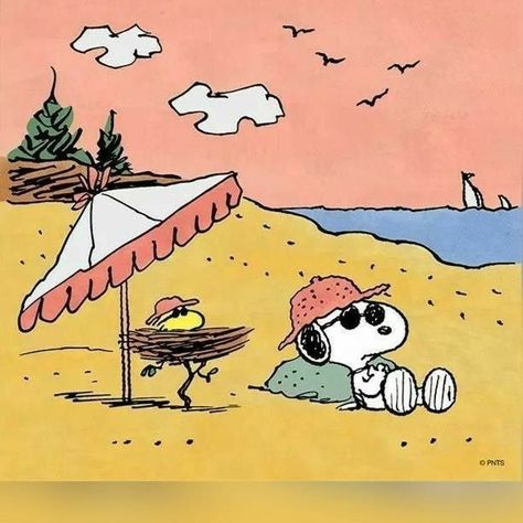 Snoopy and Woodstock at the beach. Joe Cool Snoopy, Snoopy Und Woodstock, Charlie Brown Y Snoopy, Woodstock Snoopy, Snoopy Comics, 달력 디자인, Snoopy Cartoon, Snoopy Funny, Snoopy Images