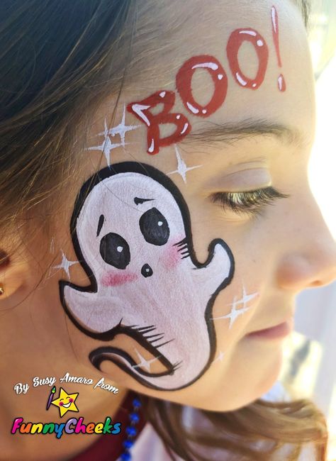 Halloween face painting Halloween Face Paint Scary, Ghost Face Painting, Ghost Face Paint, Kids Halloween Face, Face Painting Halloween Kids, Easy Halloween Face Painting, Pumpkin Face Paint, Easy Face Painting Designs, Halloween Makeup For Kids