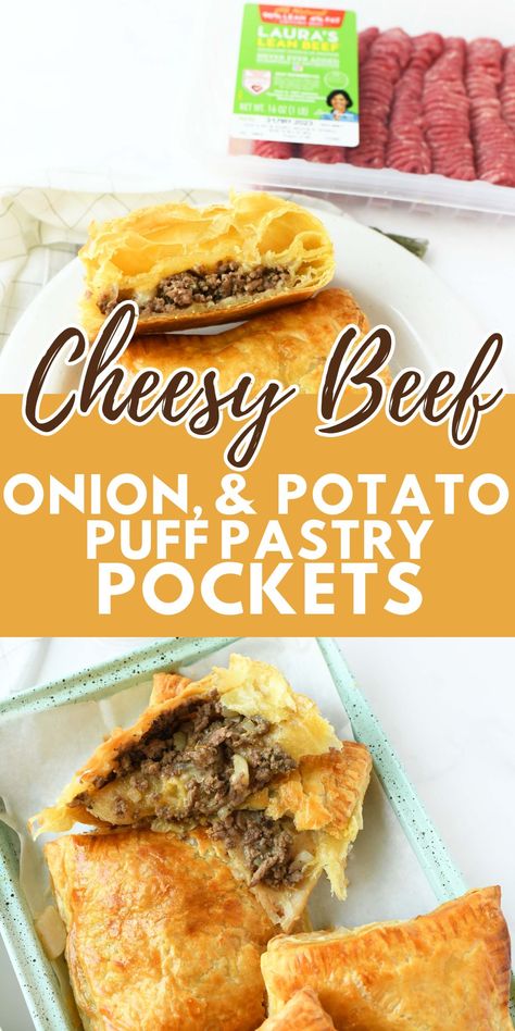 Golden-brown puff pastry pockets filled with ground beef and cheese. Beef And Puff Pastry Recipes, Beef Puff Pastry Recipes, Potato Puff Pastry, Puff Pastry Beef, Puff Pastry Dinner, Beef Pasties, Savory Hand Pies Recipes, Philo Dough, Bunco Food