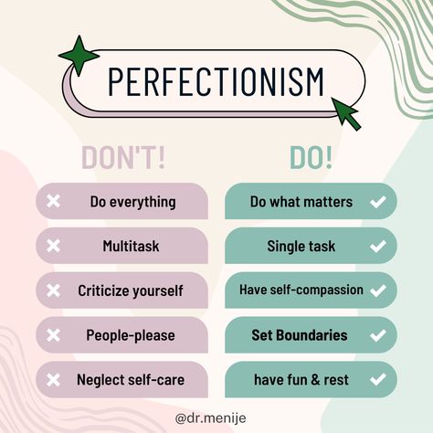 What are the signs of Perfectionism? When overcoming Perfectionism, sometimes the key is to engage in opposite actions: - focus on what matters and prioritize based on values - engage in single-tasking, one task at a time - have self-compassion to turn that inner critic into an inner cheerleader - practice and set healthy, firm, and flexible boundaries for healthier connections - as always, make time for play, rest, and alone time. Signs Of Perfectionism, Cheerleader Practice, Single Tasking, Overcome Perfectionism, One Task At A Time, Overcoming Perfectionism, Perfectionism Overcoming, Embrace Imperfections, Inner Critic