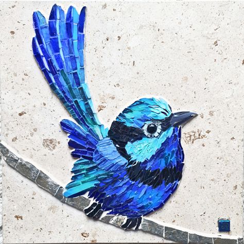 Blue wren on travertine Blue Wren, Mosaic Rugs, Mosaic Birdbath, Mosaic Art Diy, Mosaic Animals, Mosaic Birds, Mosaic Art Projects, Floral Mosaic, Pebble Mosaic