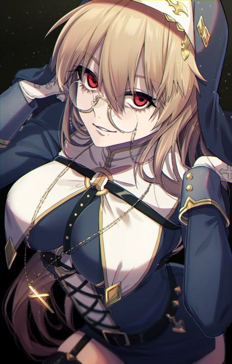 Anime Blonde Hair Female Red Eyes, Anime Oc Female Blonde Hair Red Eyes, Blonde Hair Red Eyes Anime, Blonde Hair Red Eyes, Anime Nun, Anime Train, Priestess Art, Persona Anime, Yandere Characters