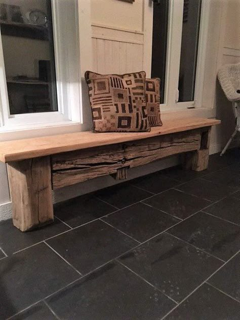 Made with probably the oldest beam i have , beautiful authentic look with a distressed uneven old barn plank showing its age . This bench can be use anywhere in your decor or at the table , will suit any style and lift up the entire room . This material is very rare by its age and method of hand making barn beams before the motor came . I would give its age around 1830 by knowledge of barns in eastern Ontario . A piece of history to have in your home and to pass on to your family , it will ... Old Beams Ideas, Barn Beam Bench, Barn Beam Ideas, Barn Board Crafts, Barn Board Projects, Beam Bench, Beam Ideas, Rustic Benches, Diy Wood Countertops