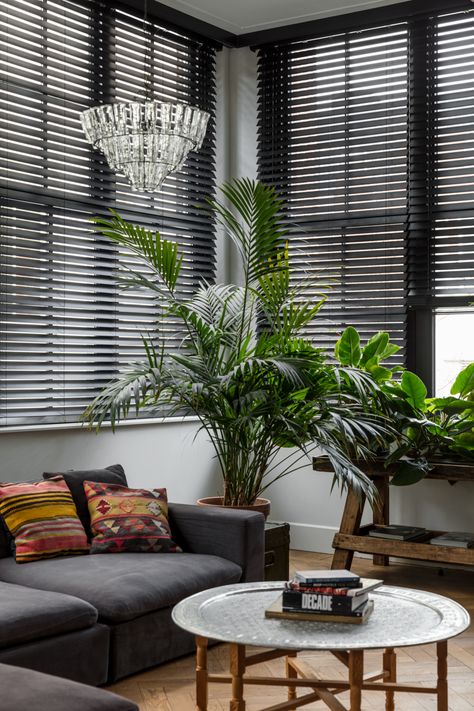 Venetian Blinds Living Room, Black Home Interior, Blinds For Windows Living Rooms, Black Blinds, Cheap Dorm Decor, Interior Window Shutters, Living Room Blinds, Blinds Design, Interior Bathroom