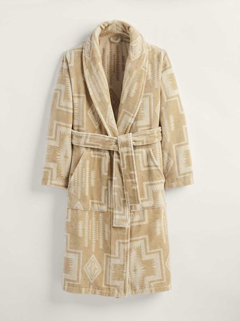 A women's version of our popular unisex pure-cotton wrap robe, featuring our 1923 Harding pattern. Plush and velvety soft outside, with absorbent loops inside. Shawl collar, two deep pockets and a self-fabric waist tie. 100% cotton Imported This robe is made following environmentally-friendly standards and under safe, socially responsible working conditions as certified by OEKO-TEX . | WOMEN'S HARDING COTTON TERRY VELOUR ROBE Cotton Robes For Women, Terry Cloth Robe, Terry Robe, Baby Fabric, Wool Shirt, Women's Robe, Outerwear Sweater, Outdoor Apparel, Shawl Collar