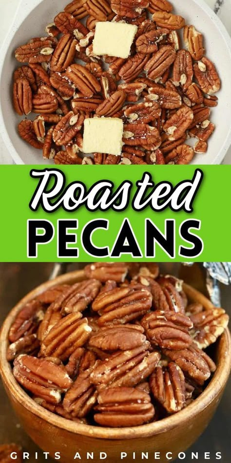 Learn how to roast pecans and make one of the easiest healthy snacks ever! Toasting pecans in the oven is an old-fashioned recipe that brings out the natural oils and gives the pecans an irresistible, nutty flavor. Buttered, salted, and roasted pecans are incredibly addictive and make a terrific snack or party food for guests! How To Roast Pecans, Toasting Pecans, Roast Pecans, Toasted Pecans Recipe, Roasted Pecans Recipe, Culinary Knowledge, Healthiest Snacks, Food For Guests, Roasted Nuts Recipe