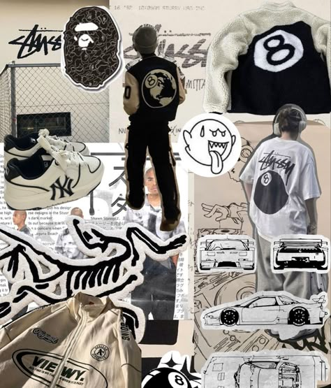 Streetwear Astethic Wallpaper, Streetwear Fashion Wallpaper, Streetwear Magazine Design, Streetwear Fashion Moodboard, Mood Board Streetwear, Streetwear Fashion Collage, Stussy Drawing, Stussy Widget, Stussy Magazine