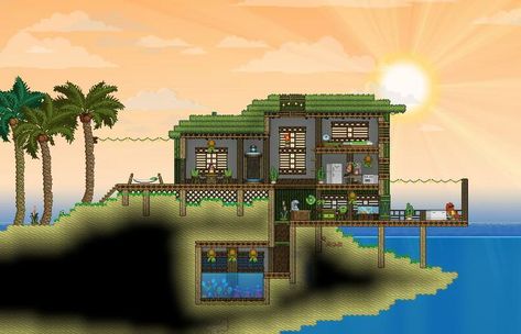 Lounging on the dock Beach House Terraria, Terraria Beach House, Starbound Building, Terraria Houses, Terraria Design, Terraria Game, Terraria Tips, Terrarium Base, Terraria House Ideas