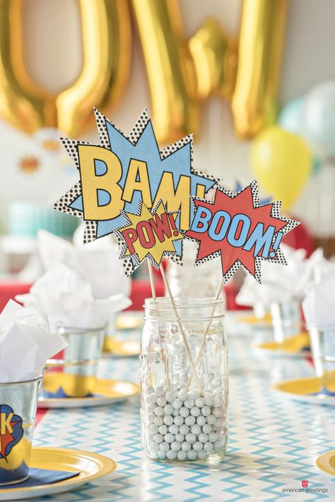 Comic Birthday Party Ideas, Comic Superhero Party, Superhero Candy Table, Fantastic Four Birthday Party Ideas, Superhero Party Table Decor, Superhero Party Centerpieces, Vintage Superhero Party, Two The Rescue Birthday Superhero, Superhero 1st Birthday Party