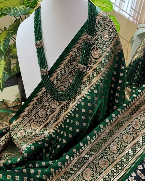 Bottle green Banarasi semi silk saree comes with golden buttas all over saree and pallu. Beautiful green crystal neckpiece paired from @kattam.in #sarees #bottlegreensarees #traditionalsaree #satinsilksaree #occationalwear Bottle Green Banarasi Saree, Bottle Green Silk Saree, Bottle Green Saree, Green Silk Saree, Green Saree, Bottle Green, Traditional Sarees, Green Crystal, Banarasi Sarees