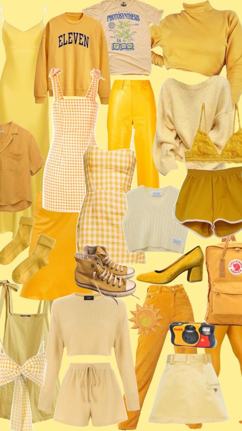 Yellow Coordinates Outfit, Yellow Colour Outfits, Colors That Go With Yellow Clothes, Yellow Wardrobe, Aesthetic Outfits Yellow, Yellow Fits Aesthetic, Arthoe Outfit Aesthetic, Yellow Aesthetic Fashion, Yellow Fashion Aesthetic