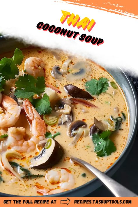 Experience a culinary journey through Thai cuisine with this flavorful Thai Coconut Soup. Rich, creamy, and loaded with authentic flavors, this soup is a delightful blend of savory and sweet. Packed with healthy veggies, aromatic herbs, and creamy coconut milk, it's not just comforting but also health-giving. Pin this recipe to easily whip up an exotic dinner, immerse your taste buds into the heart of Thailand. Ideal for cozy dinner nights or meal prep. #ThaiCuisine #SoupRecipe # Coconut Milk Thai Recipes, Potsticker Coconut Soup, Coconut Milk Soups, Thai Coconut Shrimp Soup, Soups With Coconut Milk, Coconut Milk Soup Recipes, Coconut Soup Thai, Thai Soup Recipes Coconut, Thai Soups