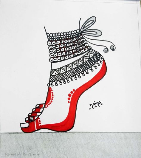 This beautiful feet shows the look of a lady's foot wearing ghungroo and payal along with alta (a red colored paint that indian women use to decorate their feets) Feet With Ghungroo Painting, Dancing Feet Drawing, Alta Design Foot, Alta Design Bengali Foot, Ghungroo Drawing, Indian Lady Painting, Feet Drawing, Dancing Drawings, Flower Machine Embroidery Designs