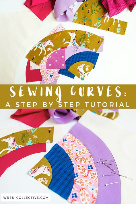 Sewing Curves: a step by step tutorial on how to get great results. This tutorial is great for beginners as well as for more advanced quilters. You'll be a curve pro in no time! #sewingcurves #curvedpiecing #modernquilt #modernquilter #rainbows #rainbowquilt Sewing Curved Quilt Pieces, Curved Quilt Blocks, Circle Quilt Patterns, Quilt Board, Curved Piecing, How To Quilt, Household Sewing, Pieced Quilts, Circle Quilts