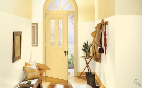 2 color foyers | Valspar/Laura Ashley® designer paint colors Pale Cowslip 1, Pale ... Art Deco Home Design, Yellow Hallway, Painting Woodwork, Exterior Paint Combinations, Designer Paint Colors, Yellow Front Doors, House Paint Color Combination, Color Combinations Paint, Exterior House Paint Color Combinations