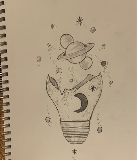 Bulb Drawing Ideas, Spaced Out Drawing, Flower In Lightbulb Drawing, Lightbulb Drawings Creative, Space Drawings Ideas, Saturnus Art, Light Bulb Drawings, Space Drawings Easy, Lightbulb Sketch