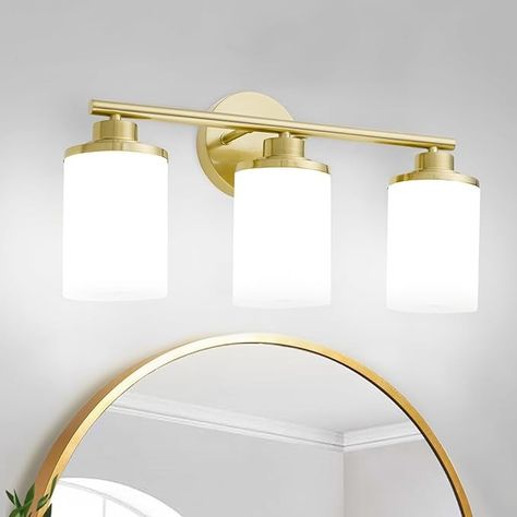 Halialumi Brushed Gold Bathroom Light Fixtures,3-Light Gold Vanity Lights,Brass Bathroom Lights Over Mirror,Mid-Century Modern Wall Sconces with Frosted Glass Shades for Bathroom,Living Room - Amazon.com Gold Bathroom Light Fixtures, Brass Bathroom Lighting, Bathroom Lights Over Mirror, Brushed Gold Bathroom, Modern Bathroom Light Fixtures, Room Amazon, Modern Bathroom Vanity Lighting, Gold Vanity, Vanity Lights Bathroom