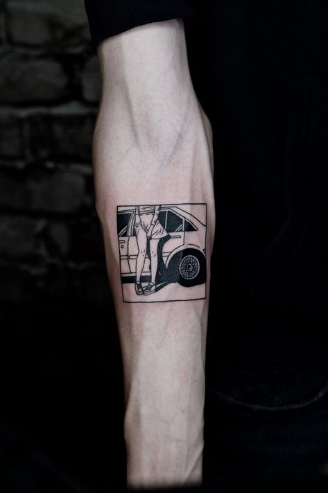 Initial D Tattoo Anime, Rx7 Tattoo, Car Gear Tattoo, Jdm Car Tattoo, Miata Tattoo, Jdm Tattoo Ideas, Auto Tattoo Ideas, Car Related Tattoos For Men, Jdm Tattoo