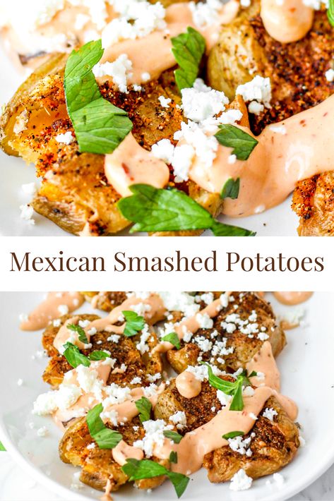 These Mexican Potatoes are smashed peewee potatoes then seasoned with a Mexican spice blend and baked crispy. Top with chipotle aioli and queso fresco! These can be eaten as a side dish, but can also be an appetizer! Hearty and lots of spicy flavors. These are the Mexican potatoes you need to try! Mexican Potatoes Recipes Side Dishes, Mexican Dish With Potatoes, Chipotle Smashed Sweet Potatoes, Potatoes Mexican Style, Spicy Potatoes Mexican, Spanish Side Dishes, Mexican Spice Blend, Smashed Potatoes Baked, Mexican Side Dish