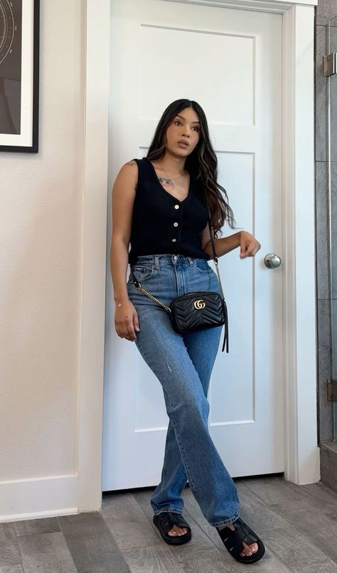 Slacks With Tennis Shoes Outfit, Work Outfits Women With Jeans, Wedges And Jeans Outfit, Button Vest Outfits For Women, Black Knit Vest Outfit, Jeans Sandals Outfit, Vest Outfits For Women Casual, Jeans With Sandals Outfit, Casual Jean Outfits For Women