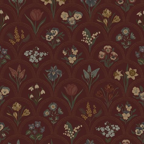 Indulge in the splendour of our regal masterpiece, the Flowers for Victoria wallpaper, resplendently showcased in rural tones upon a sumptuous royal red canvas. This opulent design is a tribute to the illustrious tapestry of heritage, meticulously intertwining a myriad of floral elements into sphere-like formations, ev Floral Burgundy Wallpaper, Moody Room Wallpaper, Autumn Floral Wallpaper, Christmas Backgrounds Wallpapers Vintage, Wallpaper To Print, Vintage Wallpaper Home, Victorian Wallpaper Vintage, Regal Wallpaper, Green Red Wallpaper