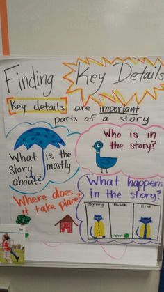 CCSS.ELA-LITERACY.RL.2.1 Ask and answer such questions as who, what, where, when, why, and how to demonstrate understanding of key details in a text. Key Details Anchor Chart, Kindergarten Charts, Details Anchor Chart, Main Idea And Key Details, Class Room Door, Room Door Ideas, Anchor Charts First Grade, Homework Tips, Classroom Door Ideas