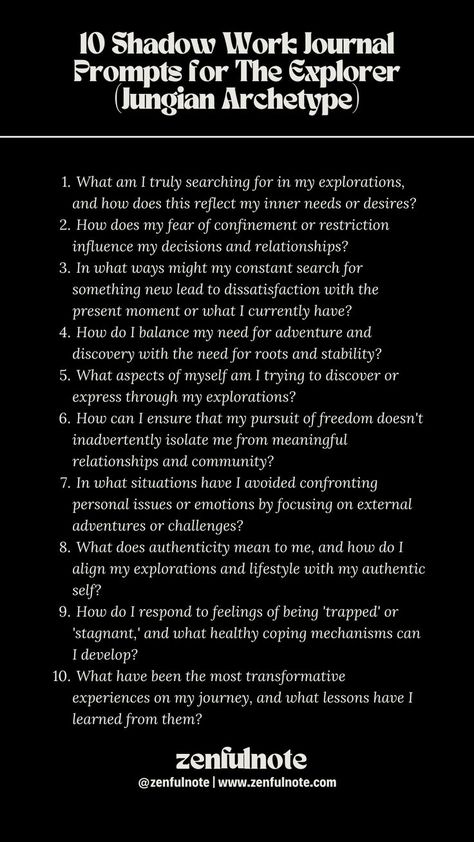 For those who resonate with the Explorer archetype, characterized by a love for adventure, discovery, and a deep-seated desire for freedom and authenticity, shadow work can offer insights into their quest for self and the world around them. Engaging with these questions allows individuals aligned with the Explorer archetype to navigate their path with greater self-awareness, balancing their thirst for adventure with the cultivation of deeper connections and personal growth. Explorer Archetype, Shadow Archetype, Shadow Work Journal Prompts, Work Journal Prompts, Jungian Archetypes, Shadow Work Journal, Jungian Psychology, Big Talk, Work Journal