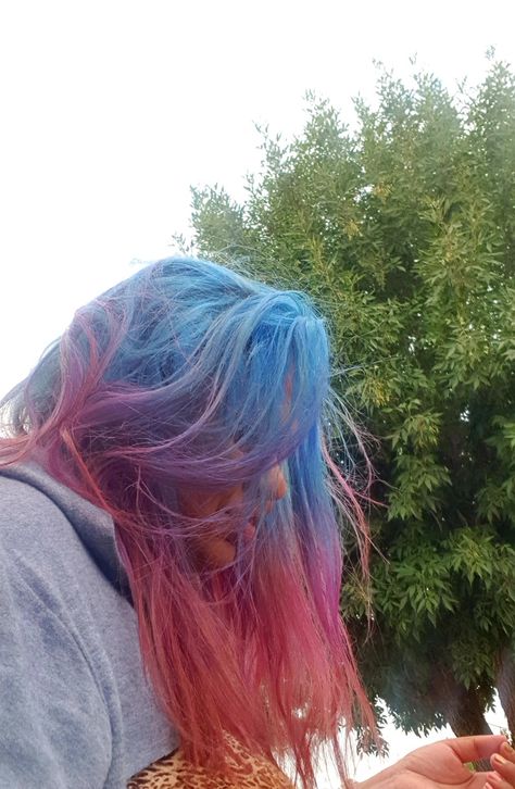 Blue To Pink Ombre Hair, Navy Blue And Pink Hair, Blue Roots Pink Hair, Colourful Hair Aesthetic, Blue Hair Pink Tips, Light Blue And Pink Hair, Cool Dyed Hair Ideas Short With Bangs, Dye Hair Aesthetic, Lavender Blue Hair