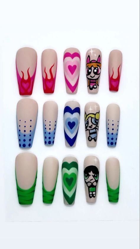 Bubbles Nails Powerpuff, Nails With Cartoon Characters, Character Nail Art Disney, Buttercup Powerpuff Nails, Cartoon Characters Nails, Nail Art Character Design, Power Puff Nails, Character Art Nails, Powerpuff Girls Nail Art