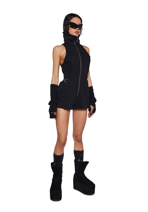 Darker Wavs High Neck Cotton Romper With Zip Up - Black Streetwear Bodysuit, Dollskill Outfits, Punk Pants, Jaded London, Cotton Romper, Sleeveless Rompers, Rave Outfits, Black Romper, Goth Fashion