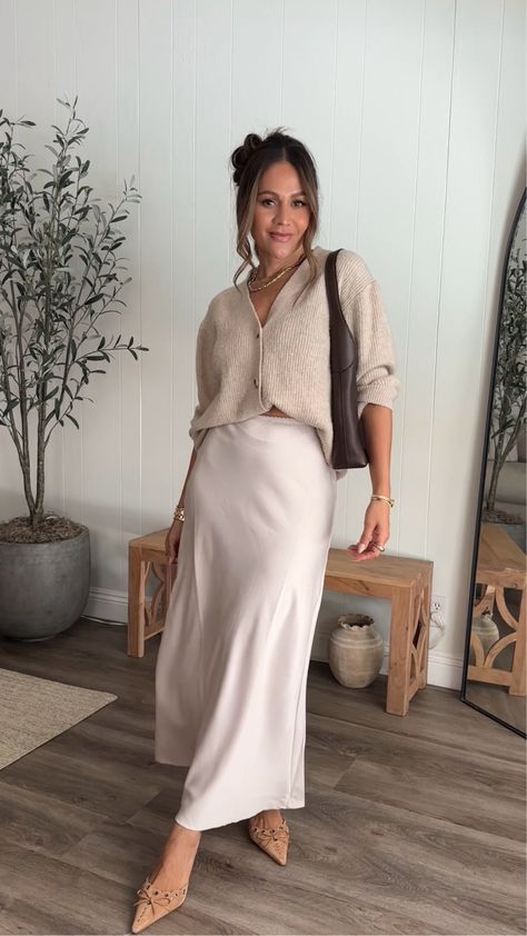 Summer Coastin Straight Satin Maxi … curated on LTK Satin Skirt Maternity Outfit, Cardigan And Satin Skirt, Satin Skirt Cardigan Outfit, White Satin Maxi Skirt Outfit, Maxi Silk Skirt Outfit, Outfits With White Cardigan, White Silk Skirt Outfit, Skirt With Cardigan Outfits, Silk Midi Skirt Outfit