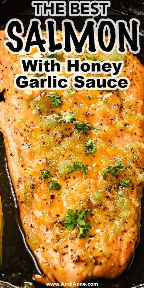 Make dinner easy with this skillet honey garlic salmon, one of the best salmon recipes! Fresh salmon is cooked in a quick and flavorful sauce, all in under 15 minutes. Perfect for busy weeknights! #honeygarlic #salmon #skillet #stovetop #andianne Honey Garlic Salmon Marinade, Recipes For Frozen Salmon Filets, Grilled Salmon Marinade Recipes, Honey Dill Salmon, Salmon Ginger Soy Honey, Sweet Salmon Glaze, Moist Salmon Recipes, Skillet Fish Recipes, Easy Salmon Recipes Skillet