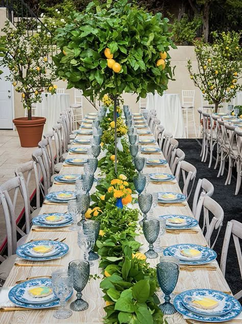 Lusting for lemons... - The Enchanted Home Themed Bridal Shower Ideas, Lemon Themed Party, Lemon Themed Bridal Shower, Italian Party, Mediterranean Wedding, Themed Bridal Shower, Lemon Decor, Yellow Wedding, Long Table