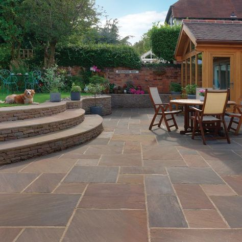 Sandstone Paving Slabs, Patio Paving, Indian Sandstone, Paving Ideas, Sun Rooms, Sandstone Paving, Patio Slabs, Garden Paving, Red Garden