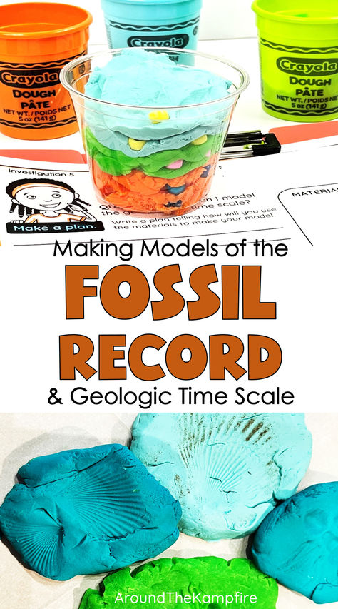 Play-Doh and beads layered in a plastic cup to make a models of the fossil record and geologic time scale in 3rd grade science. Fossil Record Activities, Geology Stem Activities, Fossil Activities For Kids, Fossil Activity, Fossils Lesson, Third Grade Science Activities, Geology Activities, Ecosystem Activities, Fossils Activities