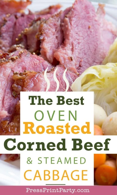 The Best Way to Make Oven Cooked Corned Beef and Steamed Cabbage- f you've never had oven cooked corned beef, YOU ARE MISSING OUT! It's better than any of the soggy, steamed or boiled or pressure cooker versions. It's simple and satisfying. 's one of our family's favorite parts of St. Patrick's Day so I'm here to encourage you to try this superior yet simple method of enjoying corned beef and cabbage. Press Print Party! Cornbeef And Cabbage In A Roaster, Corned Beef And Cabbage For A Crowd, Corned Beef For A Crowd, Corned Beef Nesco Roaster, Corned Beef In Roaster Oven, Corned Beef And Cabbage Nesco Roaster, Oven Roasted Corned Beef, Oven Corned Beef, Cooking Corned Beef Brisket