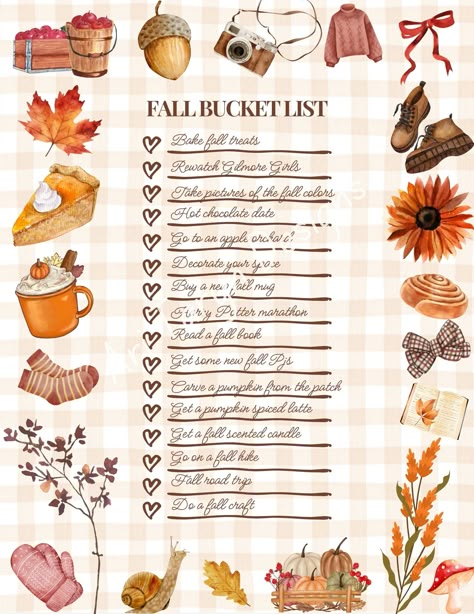 Embrace the cozy charm of autumn with our Fall Bucket List digital download! This beautifully designed list is your ultimate guide to making the most of the season's delights. From pumpkin carving and leaf peeping to cozy movie nights and baking seasonal treats, our bucket list is packed with fun and festive activities that capture the essence of fall. Also includes a blank list. Fall Starter Pack, Fall Baking List, Autumn Bucket List Aesthetic, Fall Bucket List Aesthetic, Fall Bucket List 2024, Bucket List Design, September Bucket List, Autumn To Do List, Autumn Bucket List