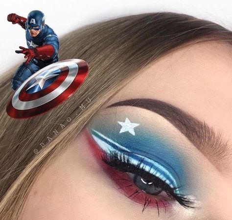 Captain America Makeup Ideas, Marvel Eye Makeup, Disney Inspired Makeup Looks, Marvel Makeup Ideas, Marvel Makeup Looks, Disney Makeup Ideas, Captain America Makeup, Avengers Makeup, America Makeup