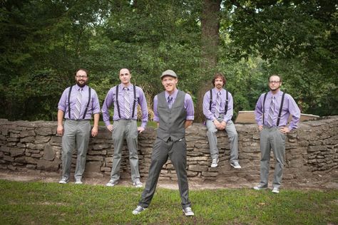 #groom & #groomsmen in #lavender & #suspenders Purple Best Man Suit, Navy And Lavender Groomsmen, Lavender Wedding Mens Wear, Lavender Suspenders, Purple Groomsmen, Quince Court, Wedding Photography Groom, Casual Groom Attire, Lavender Wedding Theme