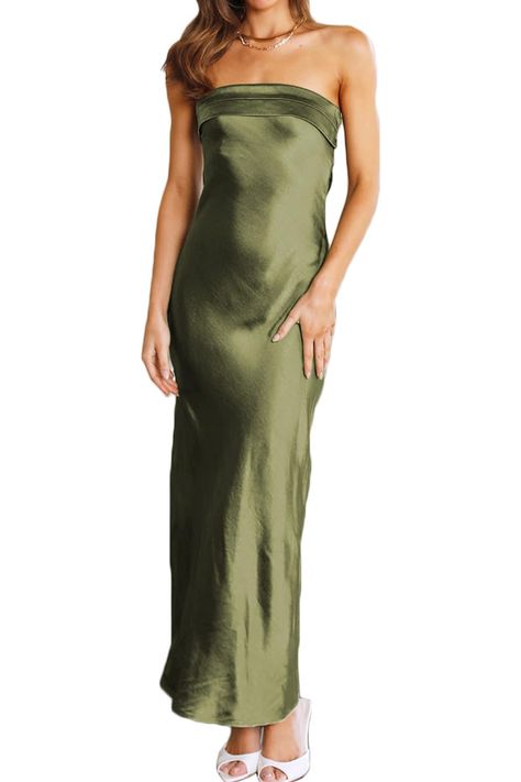 Elegant strapless maxi dress,This features a folded bust detail, Ruched elastic on back , stunning open back feature,Gel tape along the bust and a Invisible zip on side,With an elegant yet simplistic design, the Realtix will be you go-to for formal occasions and special events Strapless Green Dress, Strapless Satin Dress, Strapless Silk Dress, Strapless Long Dress, Evening Dinner, Silk Satin Dress, Maxi Dress For Women, Tube Tops, Wedding Cocktail