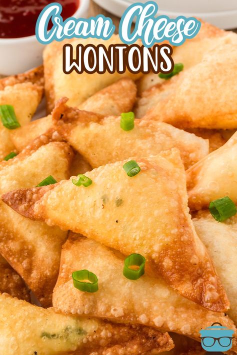 Cream Cheese Wontons Homemade Cream Cheese Wontons, Cream Cheese Ragoons, Wonton Filling Recipes, Easy Cream Cheese Recipes, Cream Cheese Rangoons, Baked Wontons, Wonton Appetizers, Homemade Dumplings Recipe, Wonton Wrapper Recipes